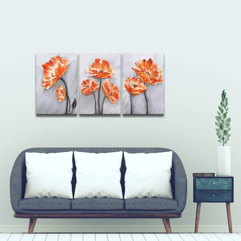 Derkymo 3 Pieces Orange Poppies Picture Elegant Flower Canvas Painting Beautiful Floral in Grey Artwork for Living Room Bedroom Framed Ready to Hang 16"x24"x3pcs - Image 2